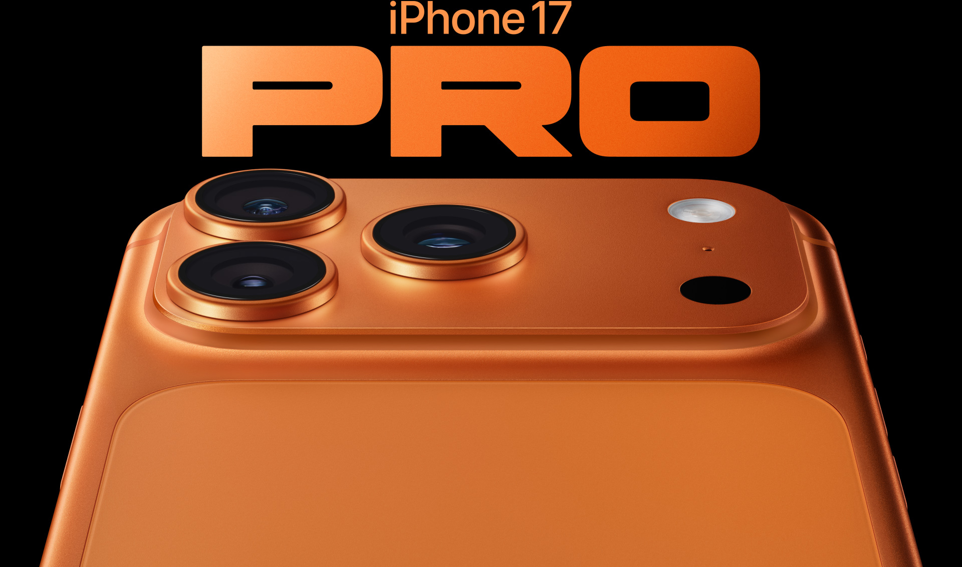 iPhone 17 Pro, deel van achterkant in Kosmisch Oranje, Pro-camerasysteem linksboven, 3 lenzen, microfoon, flitser
