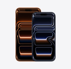 Prikaz kozmički narančastog iPhonea 17 Pro Max sprijeda, prikaz tamnoplavog iPhonea 17 Pro sprijeda