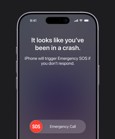iPhone 17, prednja strana, zaobljeni uglovi, prikaz korištenja značajke Detekcije sudara