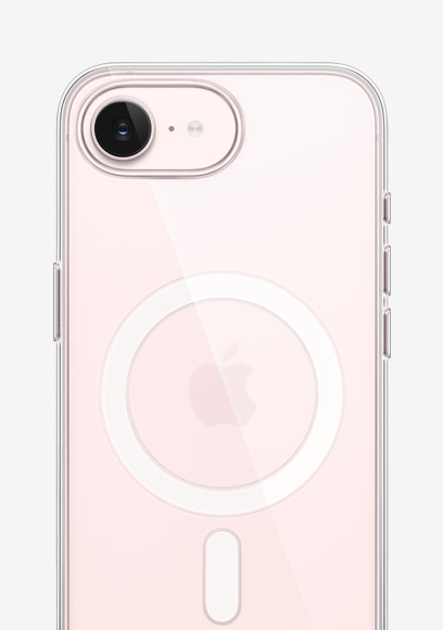 iPhone 17e, back exterior, soft pink colour, Clear Case with MagSafe, Fusion camera at top, centred Apple logo