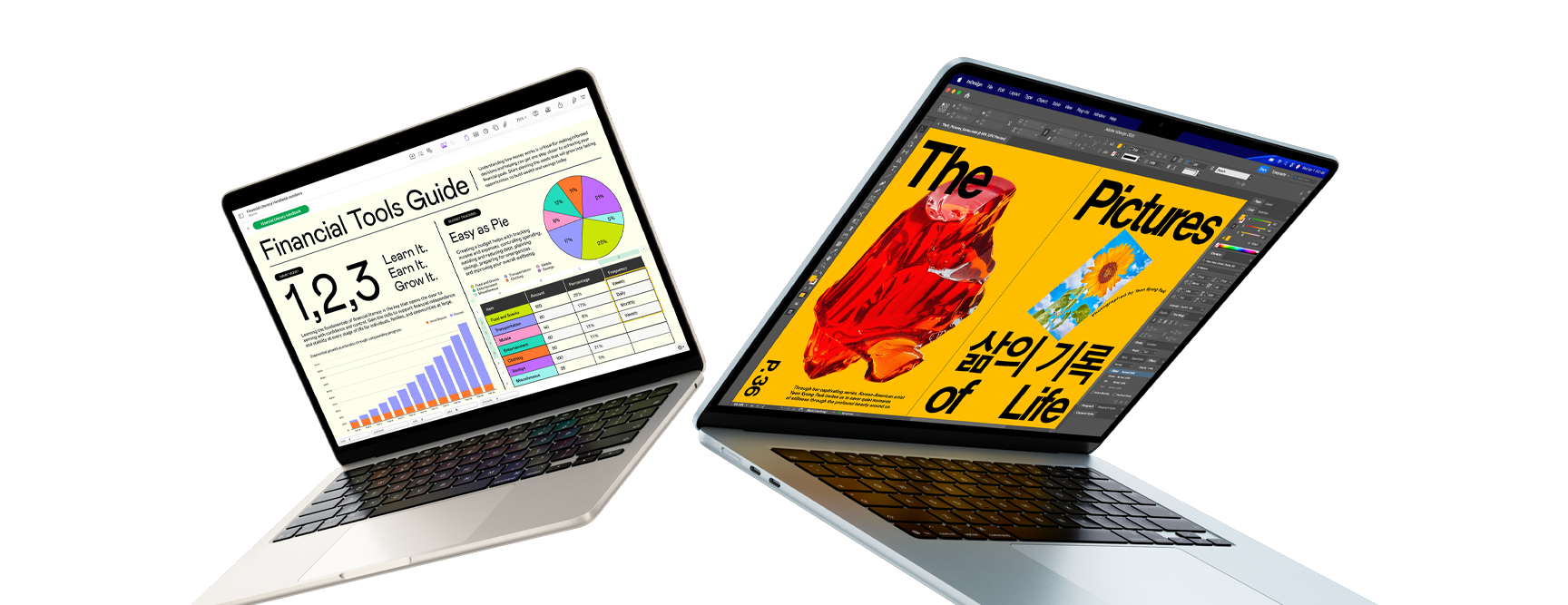 Deux portables MacBook Air 13 et 15 pouces — l’un affiche un travail effectué dans Numbers et l’autre, un travail de design