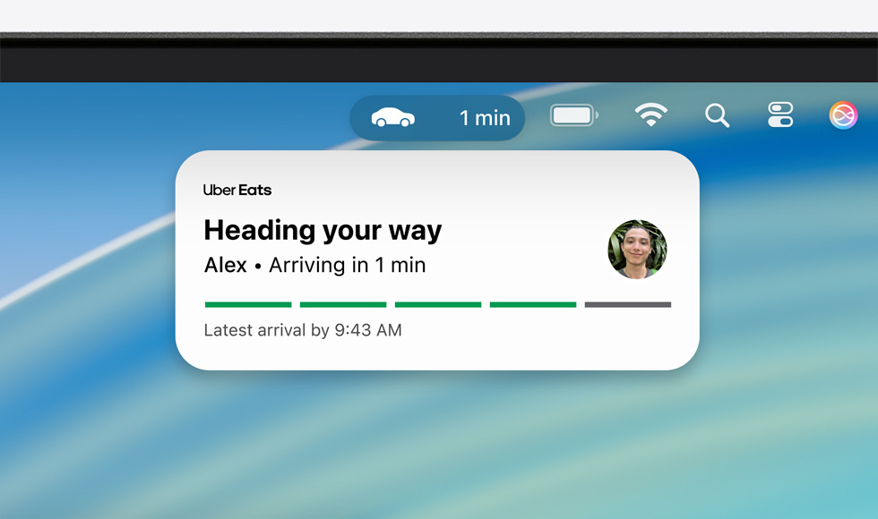 Top of Mac device screen showing the menu bar with an expanded Live Activity for Uber Eats