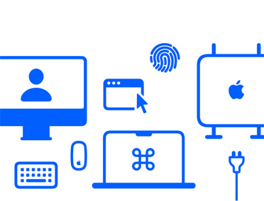 Apple Geräte und Features, Ladekabel, Mac Laptop und Desktop, Tastatur, Maus, Display, macOS Fenster, Touch ID