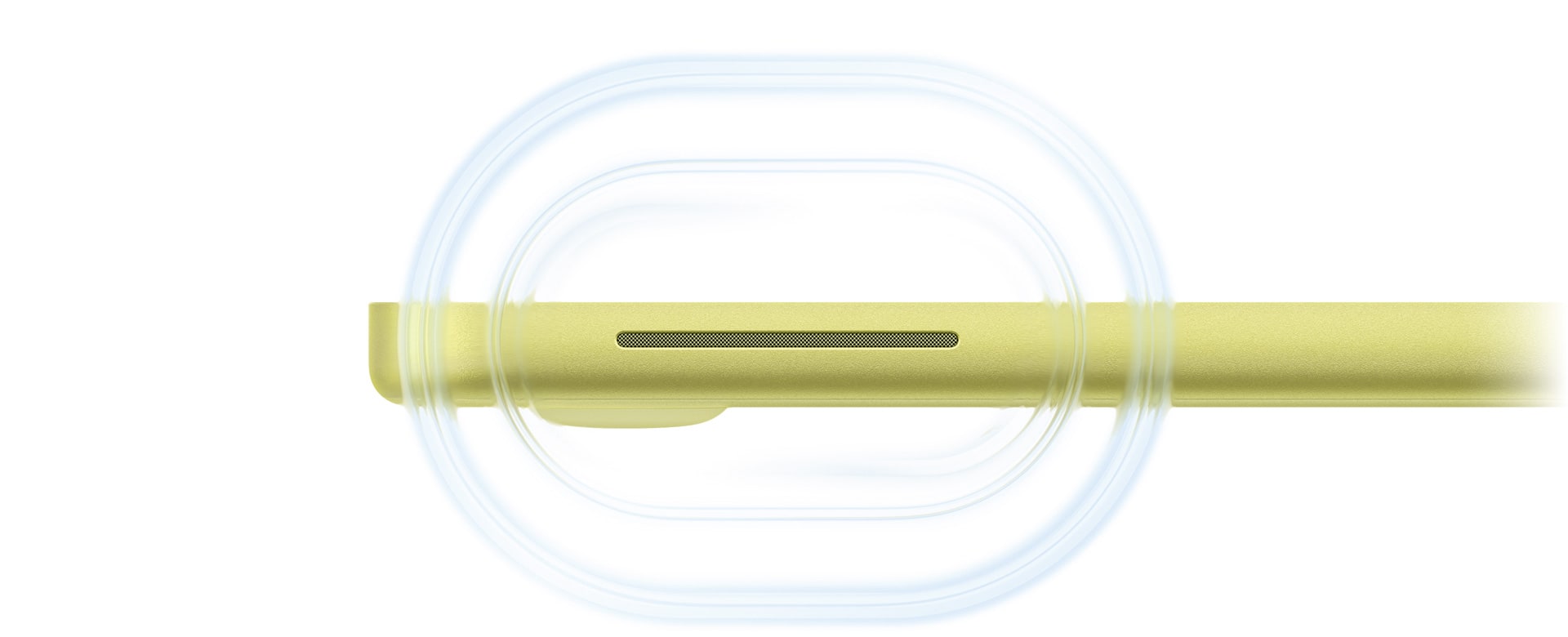 MacBook Neo, Farbe Zitrus, geöffnet, Schallwellen kräuseln sich vom Lautsprecher auf der rechten Seite des Computers nach vorn