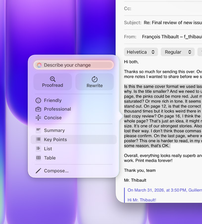 Writing Tools in use, highlighting large paragraph of text in an email, Writing Tools menu shows Key Points option selected, with icon of bulleted list