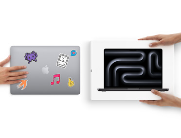 Una mano acerca un MacBook con stickers en la cubierta hacia otras dos manos que sostienen un MacBook nuevo dentro de su caja