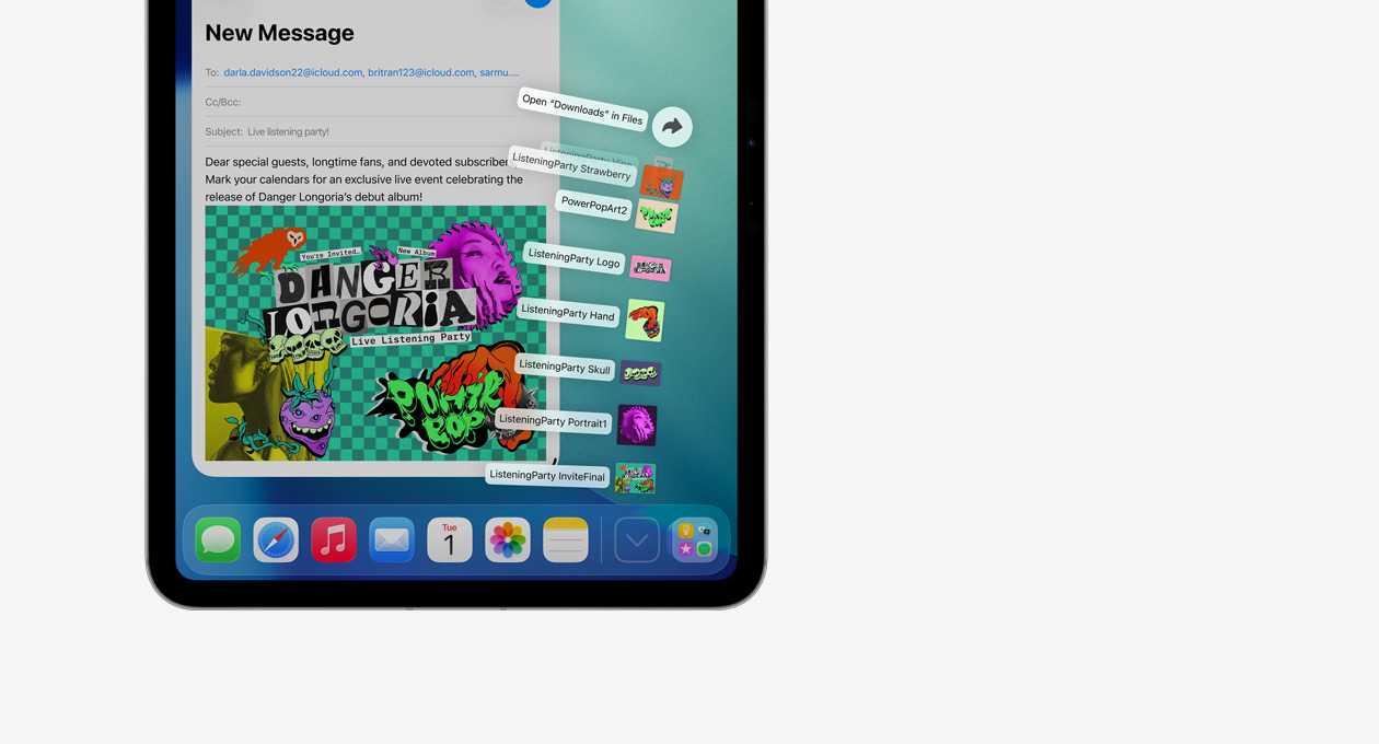 Lähikuva Apple-laitteen alaosassa olevasta Dock-apista ja siitä pystysuoraan viuhkamaisesti lähtevistä tiedostoista