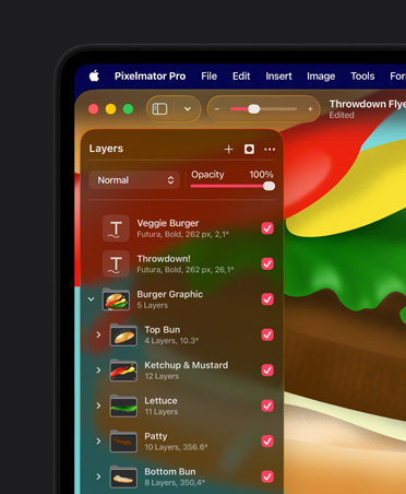 16 Zoll MacBook Pro Bildschirm, farbige Illustration eines Hamburgers, Pixelmator Pro Anordnungstools