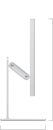 Sānskats uz Studio Display XDR ar statīvu, kuram ir regulējams slīpums un augstums, redzams displeja augstums, apakšējā pozīcija